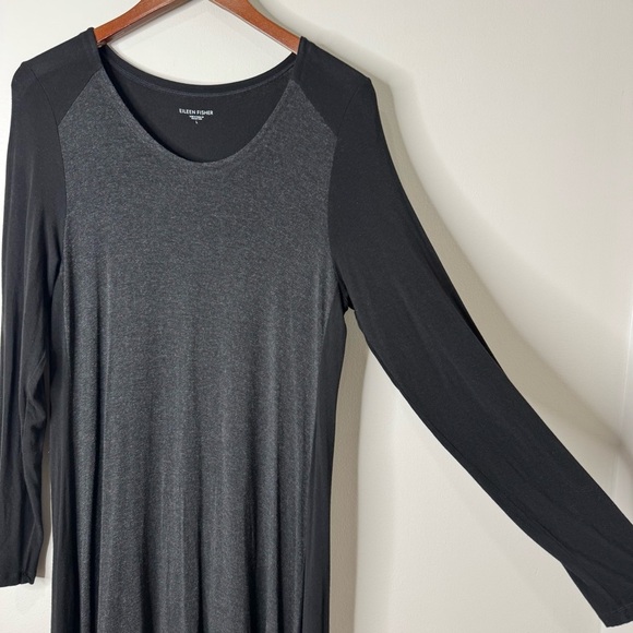 Eileen Fisher Black & Gray Color Block Long Sleeve Stretch Jersey Midi Dress‎ L - Picture 3 of 11